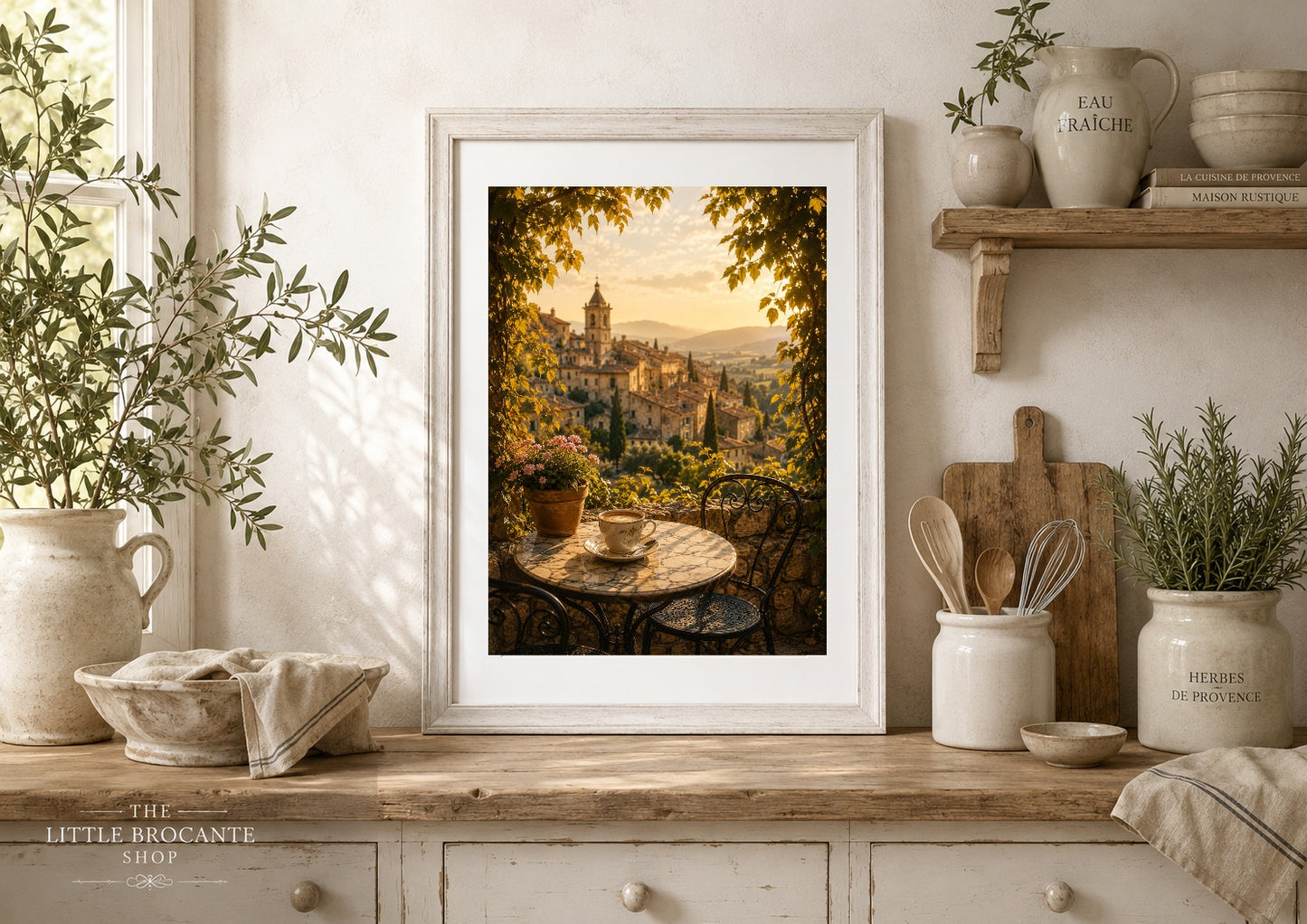 Café au Soleil Print | Provence Morning Coffee Wall Art | French Village Café Scene | A5, A4, A3, A2 & A1