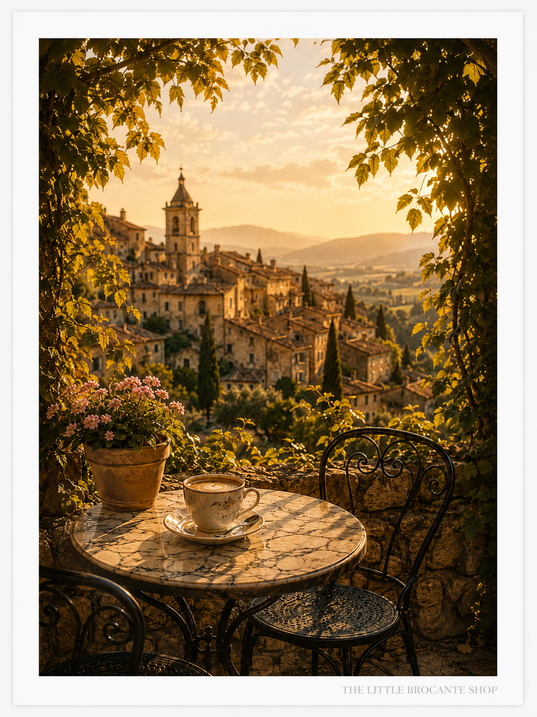 Café au Soleil Print | Provence Morning Coffee Wall Art | French Village Café Scene | A5, A4, A3, A2 & A1