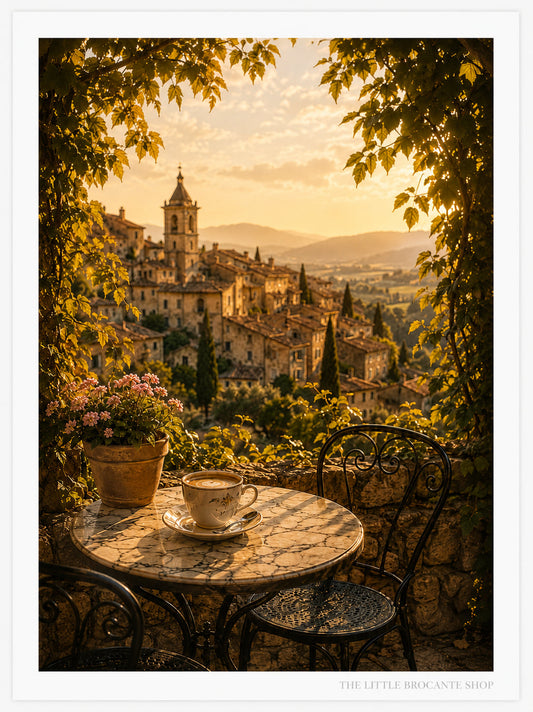 Café au Soleil Wooden Framed Print | Provence Morning Coffee Wall Art | French Village Café Scene | A5, A4, A3, A2 & A1