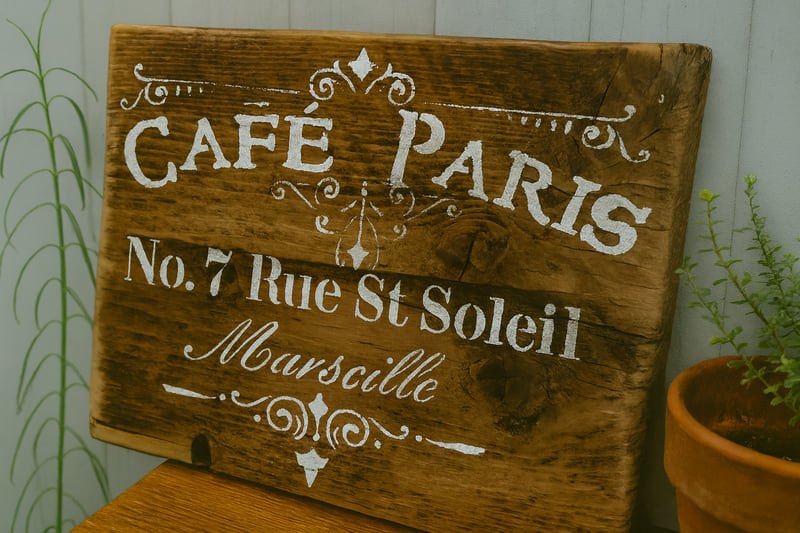 upcycled handmade wooden cafe paris sign with white lettering on natural wooden background