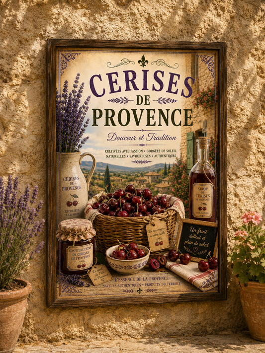 Provence Cherries & Cherry Products Vintage Style French Print - A4, A3, A2, A1 or 50x70cm size - The Little Brocante Shop