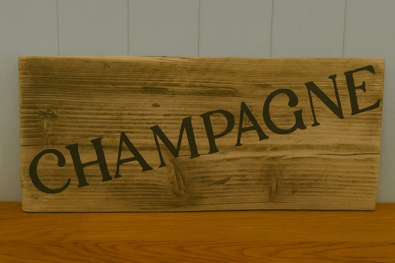 Upcycled handmade wooden champagne sign with rustic natural wood and black lettering for indoor and outdoor decor