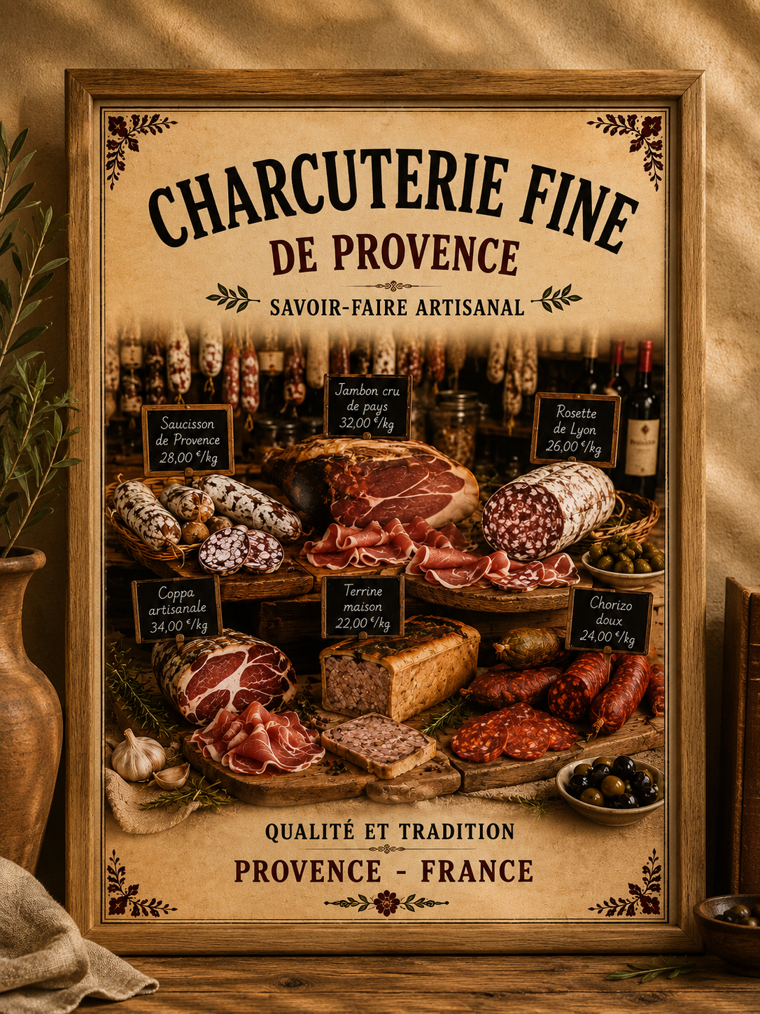 French Provence Fine Charcuterie Framed Print Wall Art – A4 in Wooden Frame - The Little Brocante Shop