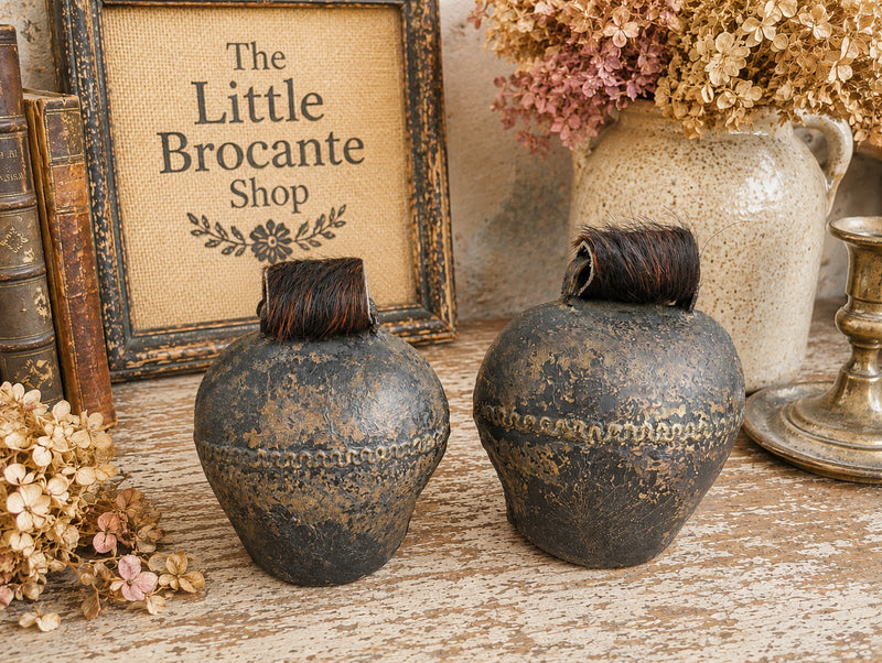 Antique French Cowbells with Animal Hair Straps – Rustic French Farmhouse Charm