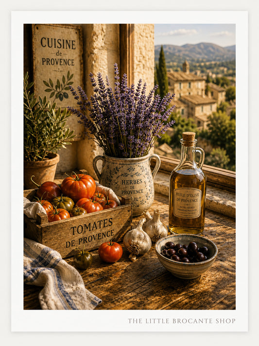 Cuisine de Provence Kitchen Art Print | Rustic French Farmhouse Wall Decor | Olive Oil, Tomatoes & Lavender | Vintage Mediterranean Kitchen Poster