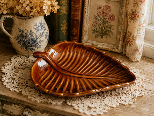 Vintage Denmead Leaf Serving Dish | Brown Stoneware Leaf Bowl
