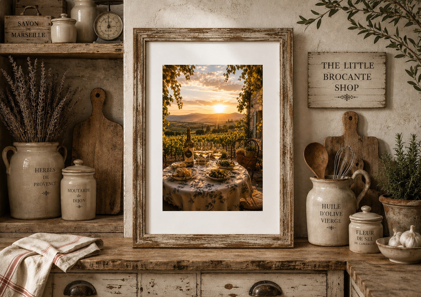 Déjeuner à la Vigne Print | French Dinner in the Vineyard Wall Art | Provence Wine Country Landscape | A5, A4, A3, A2 & A1