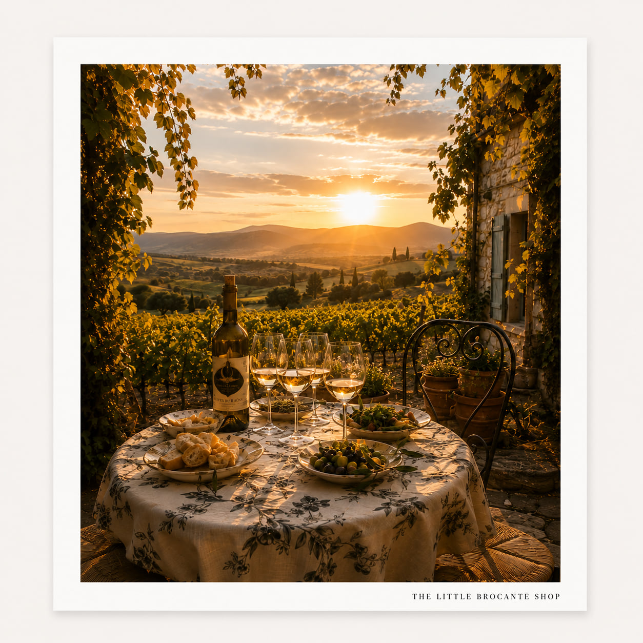 Déjeuner à la Vigne Wooden Framed Print | French Dinner in the Vineyard Wall Art | Provence Wine Country Landscape | A5, A4, A3, A2 & A1