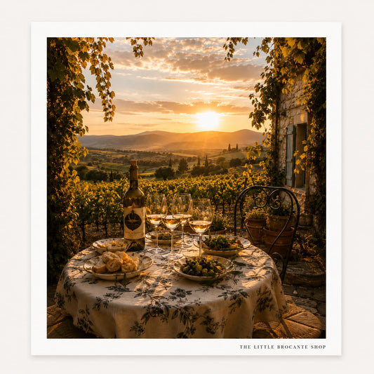 Déjeuner à la Vigne Wooden Framed Print | French Dinner in the Vineyard Wall Art | Provence Wine Country Landscape | A5, A4, A3, A2 & A1
