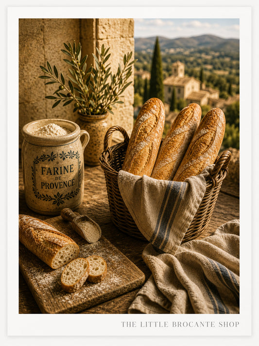 Provence Bread & Flour Art Print | French Bakery Kitchen Wall Art | Rustic Bread & Baguette Print | Vintage French Country Decor