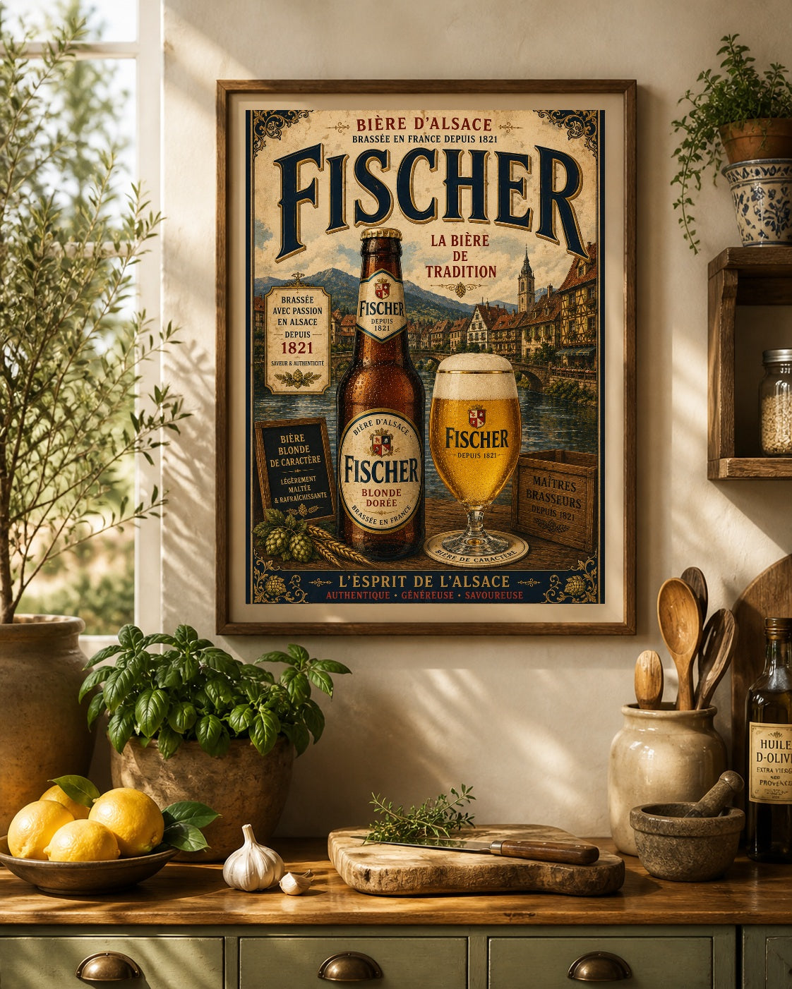 Fischer Bière d'Alsace Vintage Beer Poster – French Brewery Wall Art