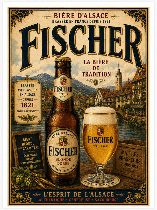Fischer Bière d'Alsace Vintage Beer Print – French Brewery Wall Art in Wooden frame. Choice of frames & sizes