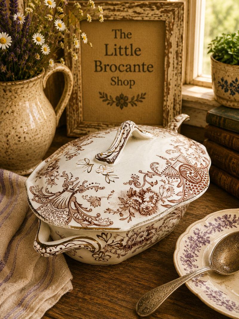 Antique Ford & Sons Richmond Covered Soup Tureen | Brown Transferware Serving Dish | Edwardian English Ironstone | Country Cottage Décor