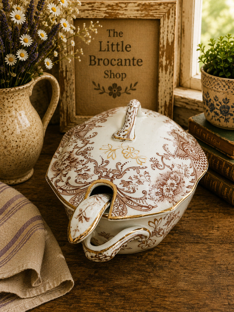 Antique Ford & Sons Richmond Covered Soup Tureen | Brown Transferware Serving Dish | Edwardian English Ironstone | Country Cottage Décor