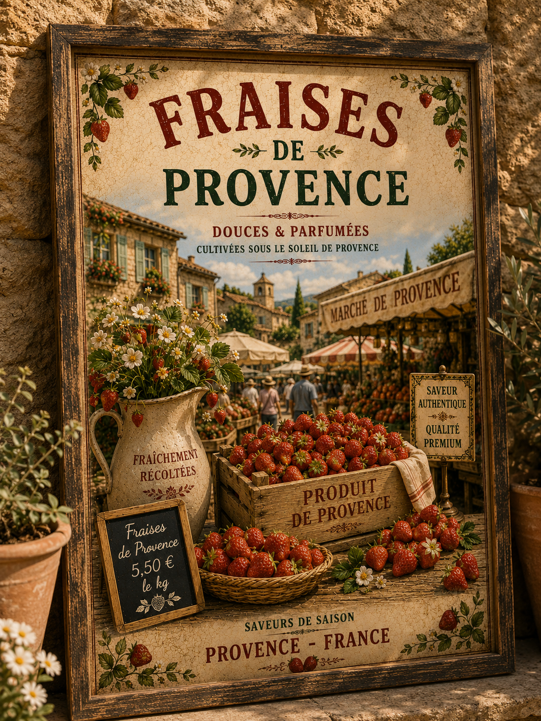 Provence Strawberries Vintage Style French Print - A4, A3, A2, A1 or 50x70cm size