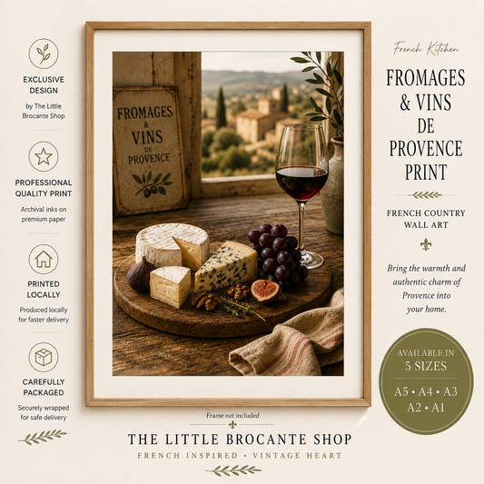 Fromages & Vins de Provence Print | French Cheese & Wine Wall Art | Rustic French Kitchen Decor | A4, A3, A2, A1