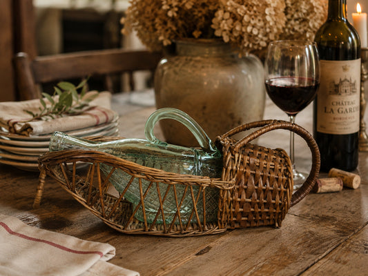 Vintage French Glass Wine Carafe in Original Wicker Basket | Rustic French Farmhouse Décor | Antique Style Wine Bottle Carrier