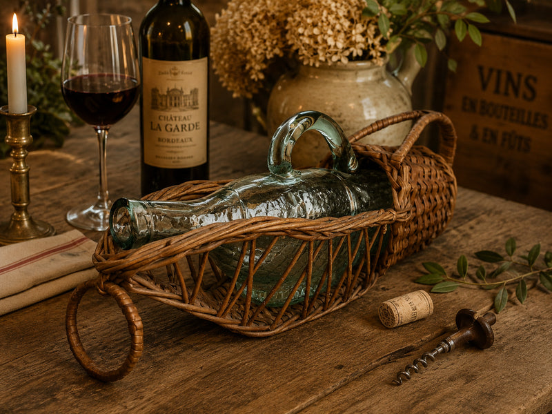 Vintage French Glass Wine Carafe in Original Wicker Basket | Rustic French Farmhouse Décor | Antique Style Wine Bottle Carrier