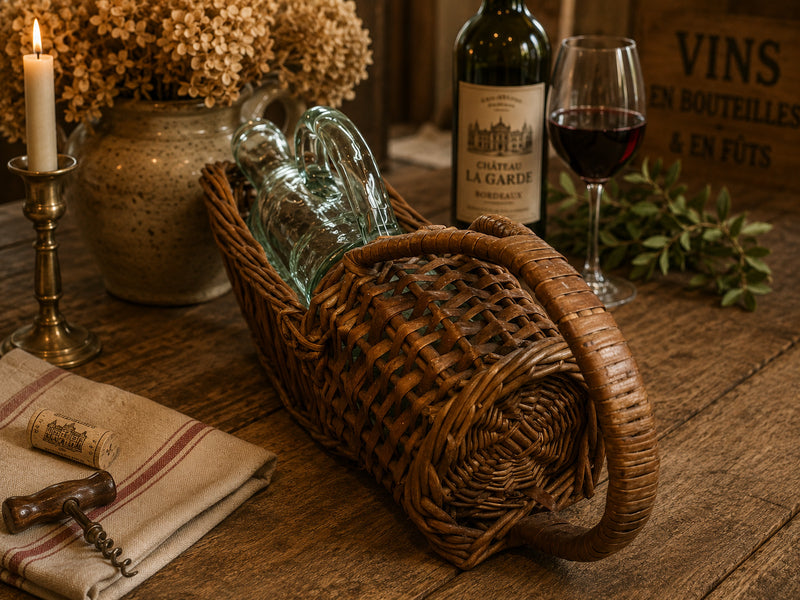 Vintage French Glass Wine Carafe in Original Wicker Basket | Rustic French Farmhouse Décor | Antique Style Wine Bottle Carrier