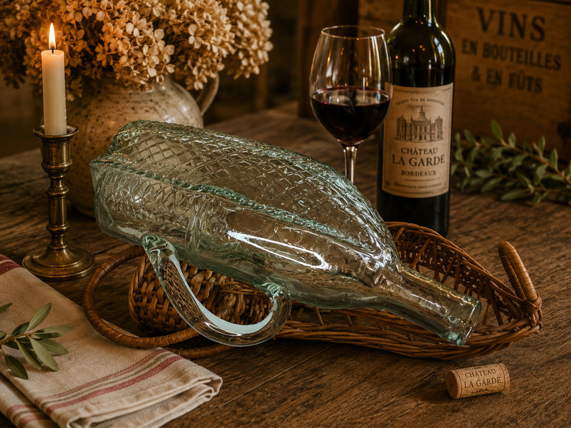 Vintage French Glass Wine Carafe in Original Wicker Basket | Rustic French Farmhouse Décor | Antique Style Wine Bottle Carrier
