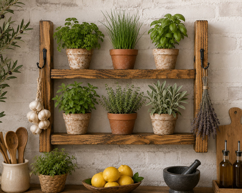 Rustic Wooden Herb Planter Shelf with Hooks - Choice of Sizes