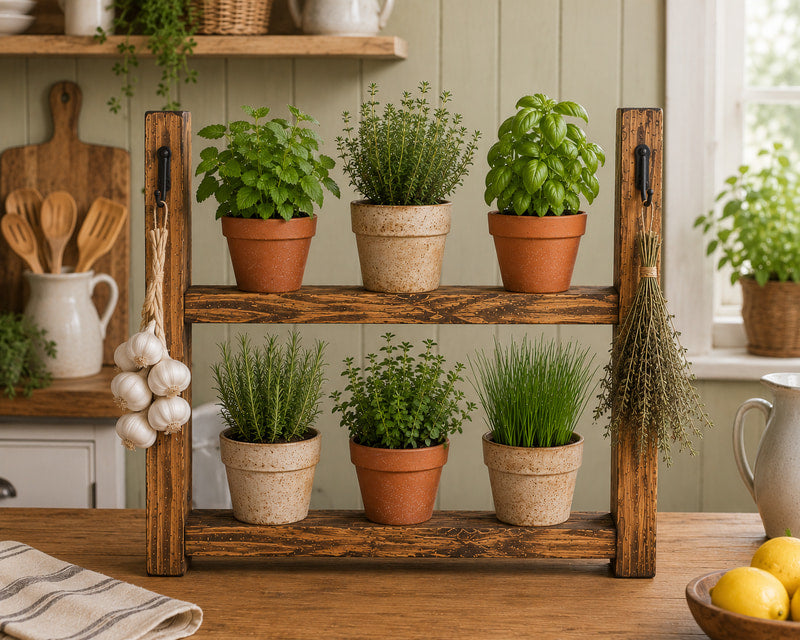 Rustic Wooden Herb Planter Shelf with Hooks - Choice of Sizes