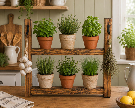 Rustic Wooden Herb Planter Shelf with Hooks - Choice of Sizes