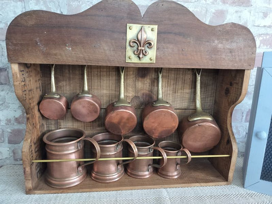 Upcycled Hanging Wall Display with French Copper Pans & Tankards