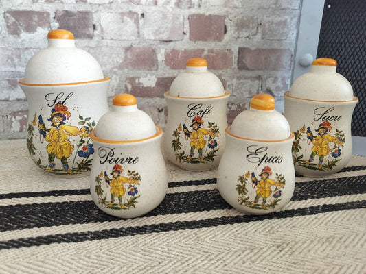 Set of 5 Vintage French Kitchen Porcelain Storage Pots