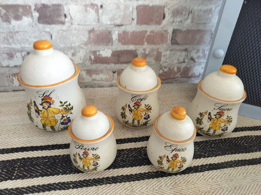 Set of 5 Vintage French Kitchen Porcelain Storage Pots