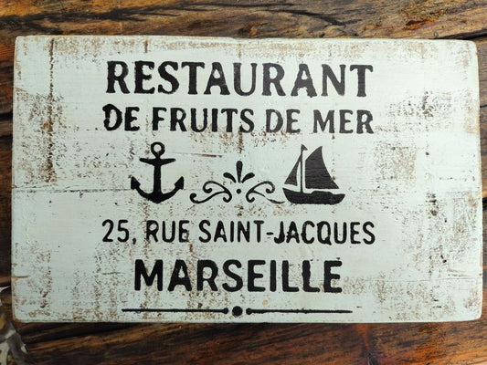 French Blue Handmade Upcycled Wooden Seafood Restaurant Sign