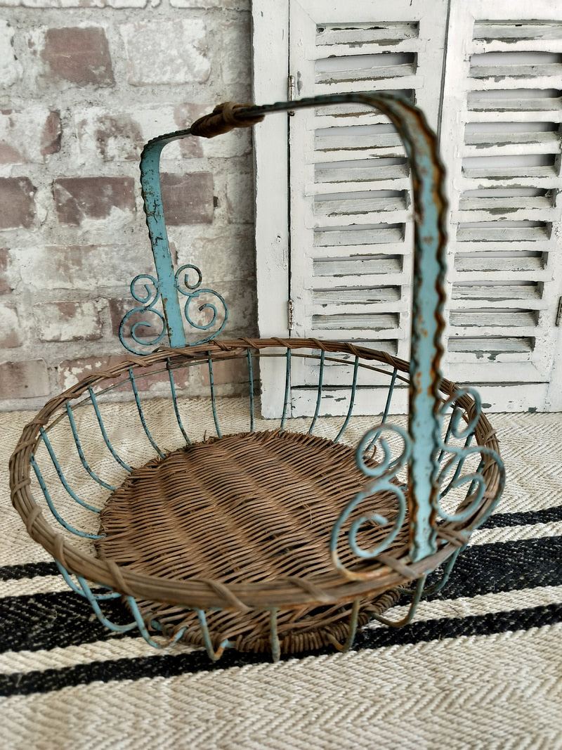 Vintage French Blue Metal & Wicker Basket