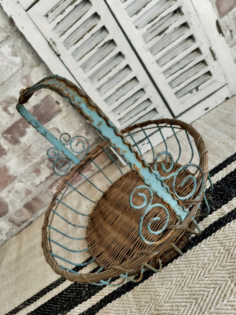 Vintage French Blue Metal & Wicker Basket