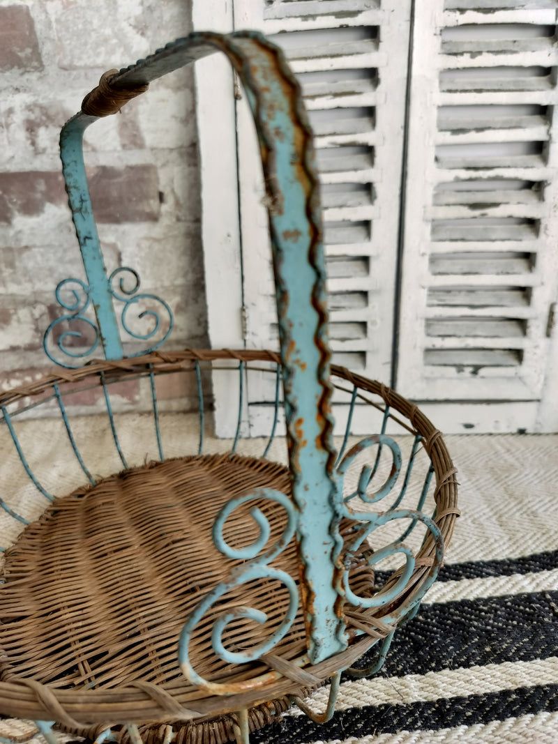 Vintage French Blue Metal & Wicker Basket