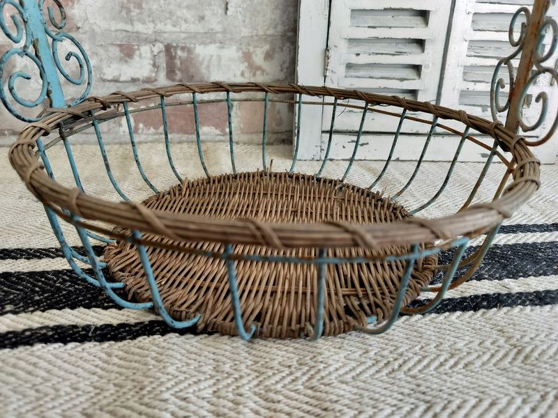 Vintage French Blue Metal & Wicker Basket