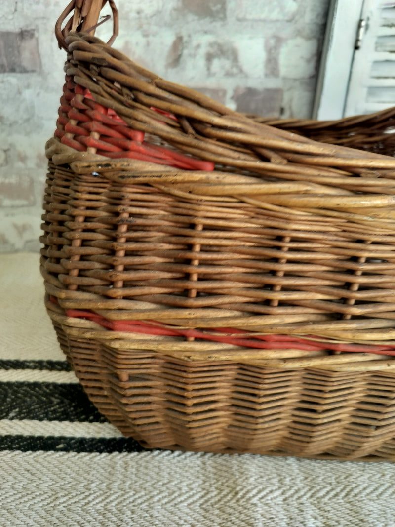 French vintage wicker basket with red detailing