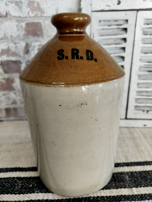 Antique S.R.D. stoneware flagon with brown and cream glaze by Moira Pottery, WWI military jug