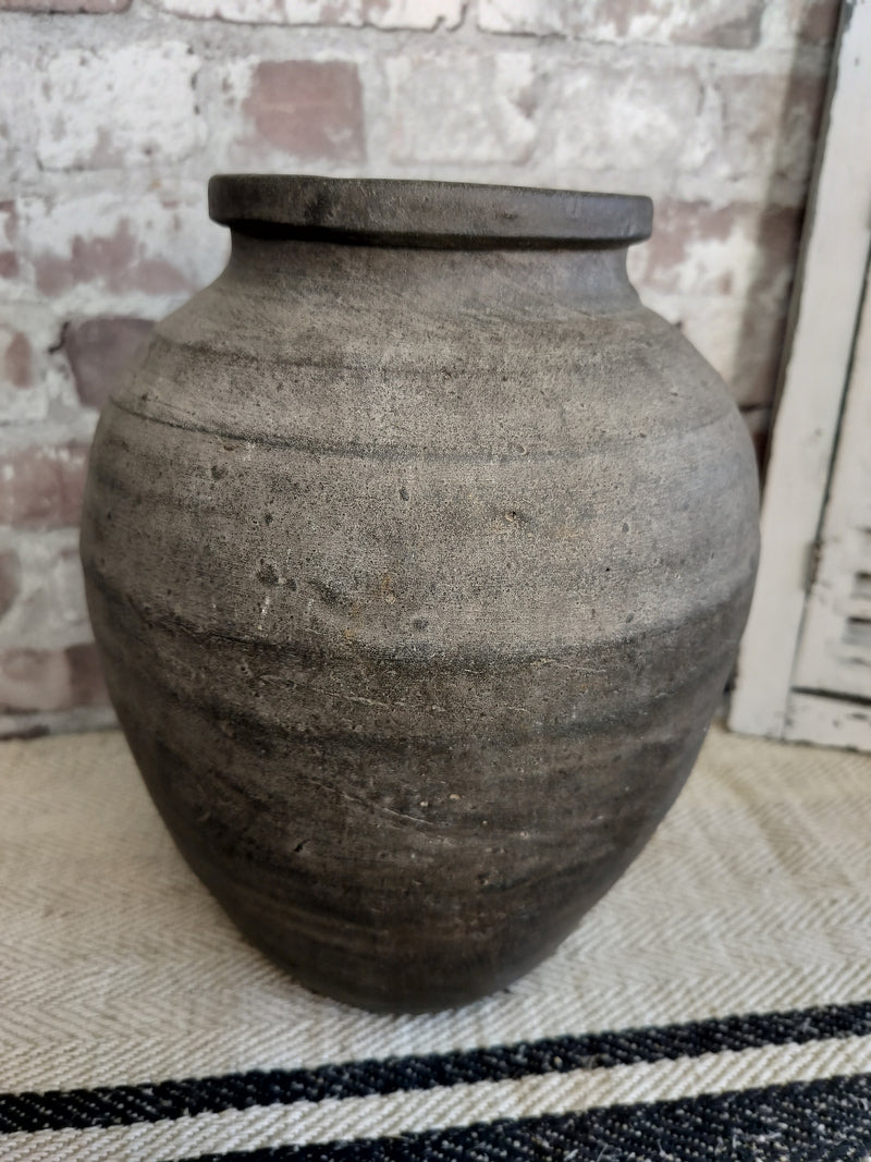Antique rustic large French clay pot with aged charcoal grey finish and textured surface