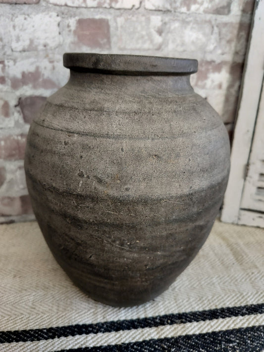 Antique rustic large French clay pot with aged charcoal grey finish and textured surface