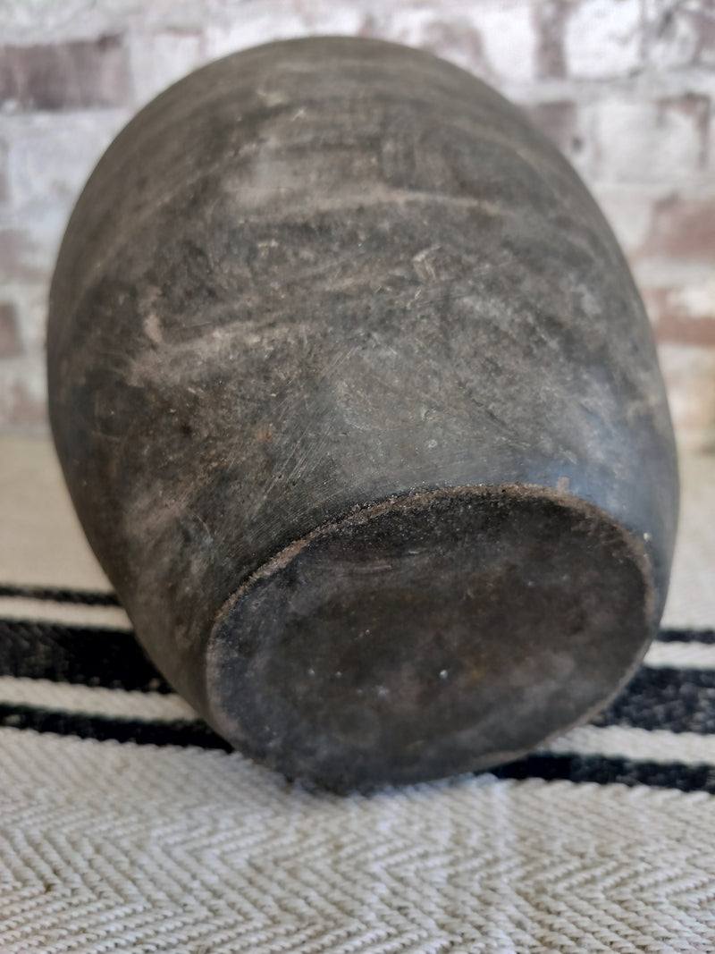 Antique rustic large French clay pot with aged charcoal grey finish and textured unglazed surface