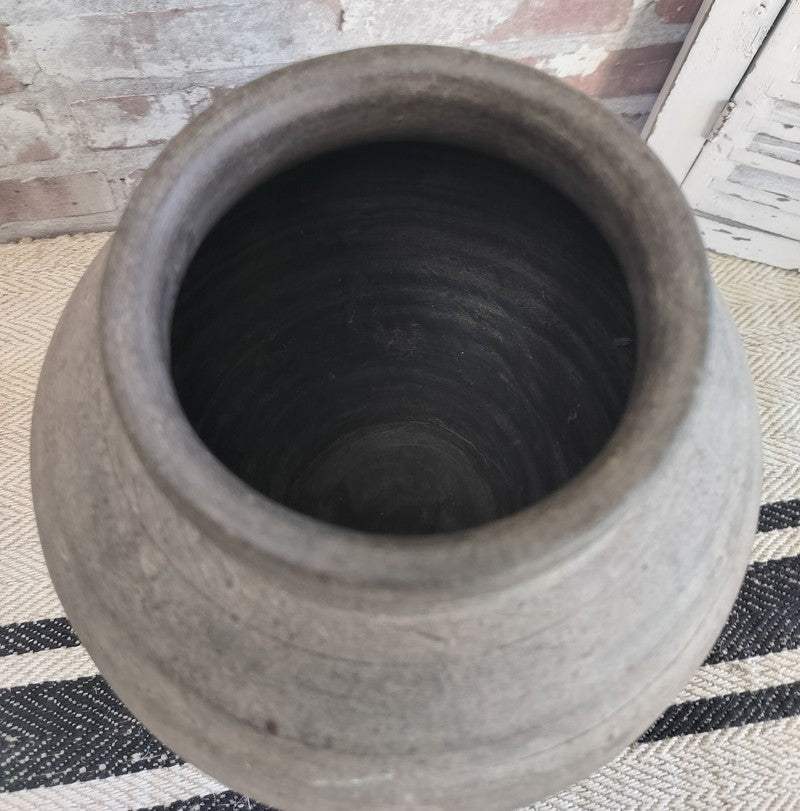 Antique rustic large French clay pot with aged charcoal grey matte finish and textured surface