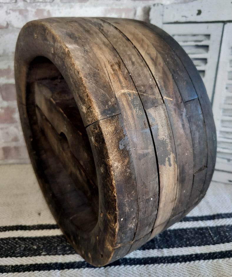 Antique French Wooden Pulley Wheel with rustic weathered wood and iron bolts for farmhouse decor