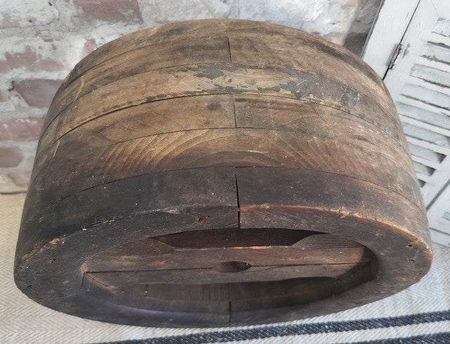 Antique French wooden pulley wheel with rustic patina and iron bolts vintage farmhouse decor