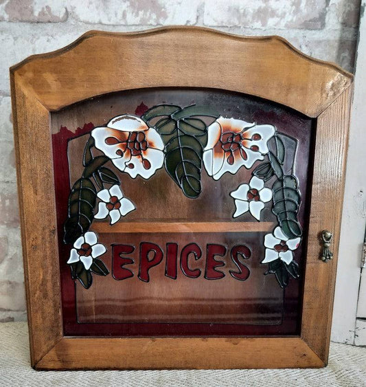 French vintage wooden spice cabinet with stained glass front and floral design labeled "Epices"
