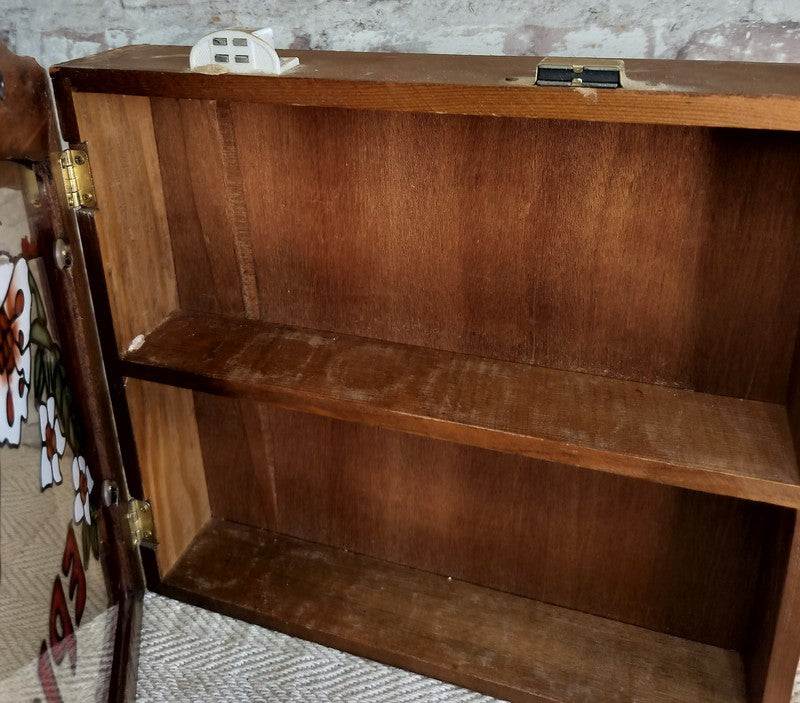 French vintage wooden spice cabinet with hand-painted stained glass floral front and two interior shelves