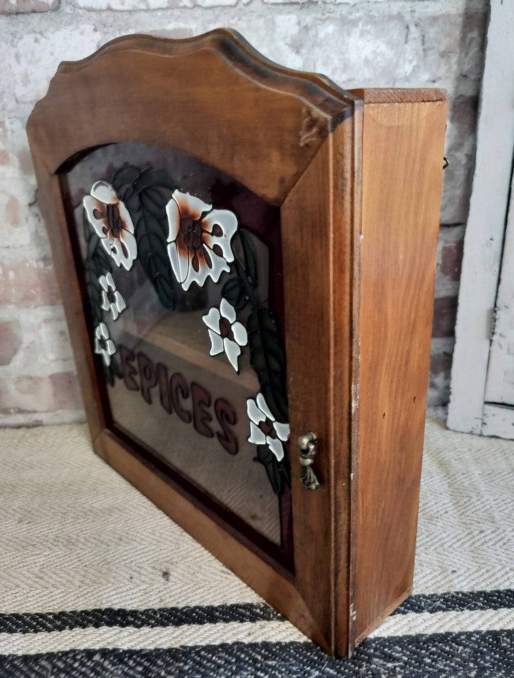 French vintage wooden spice cabinet with stained glass floral front panel and "Epices" lettering