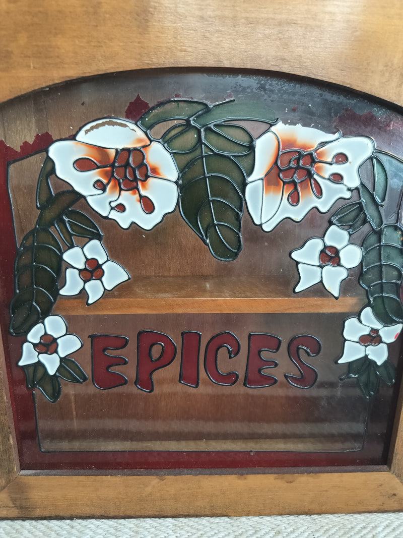 French vintage wooden spice cabinet with stained glass floral front and "Epices" lettering