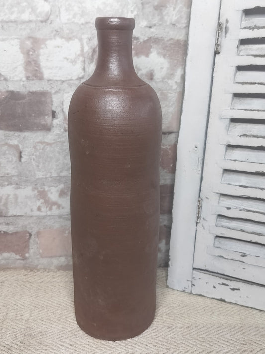 Antique French 19th century stoneware bottle with deep brown glaze and hand-thrown design