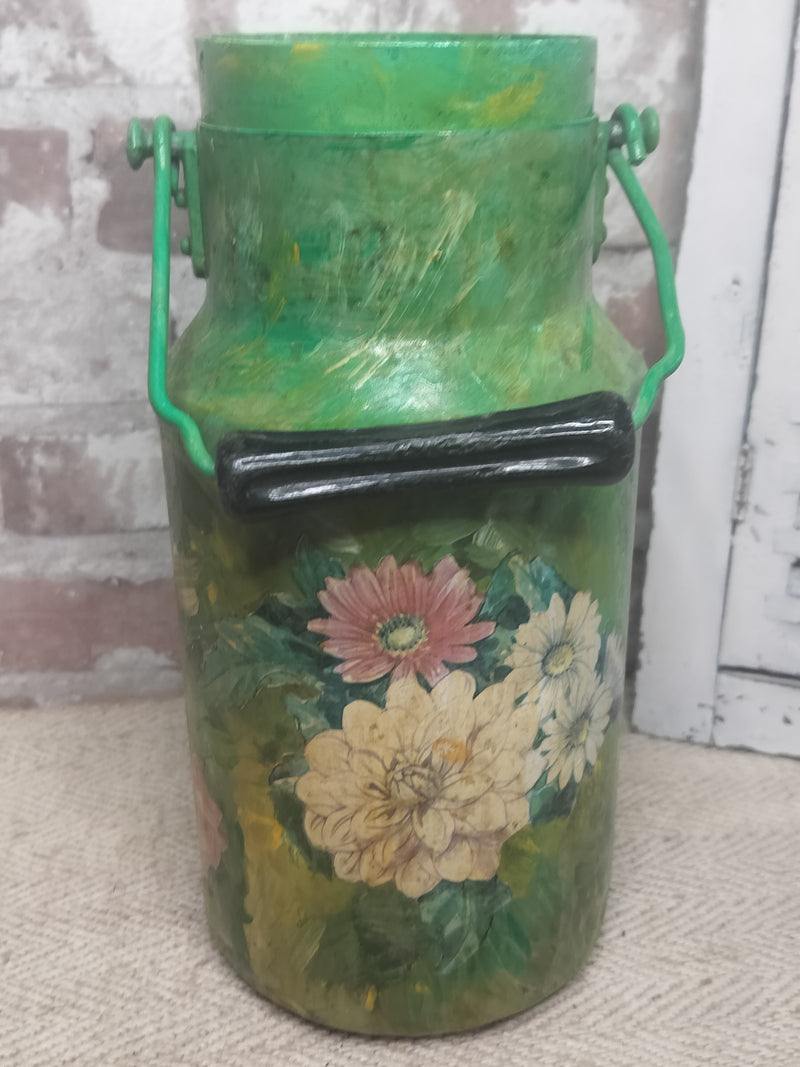 Vintage French hand-painted green metal milk can with floral decoupage and black wooden handle.