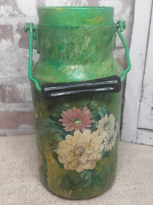 Vintage French hand-painted green metal milk can with floral decoupage and black wooden handle.